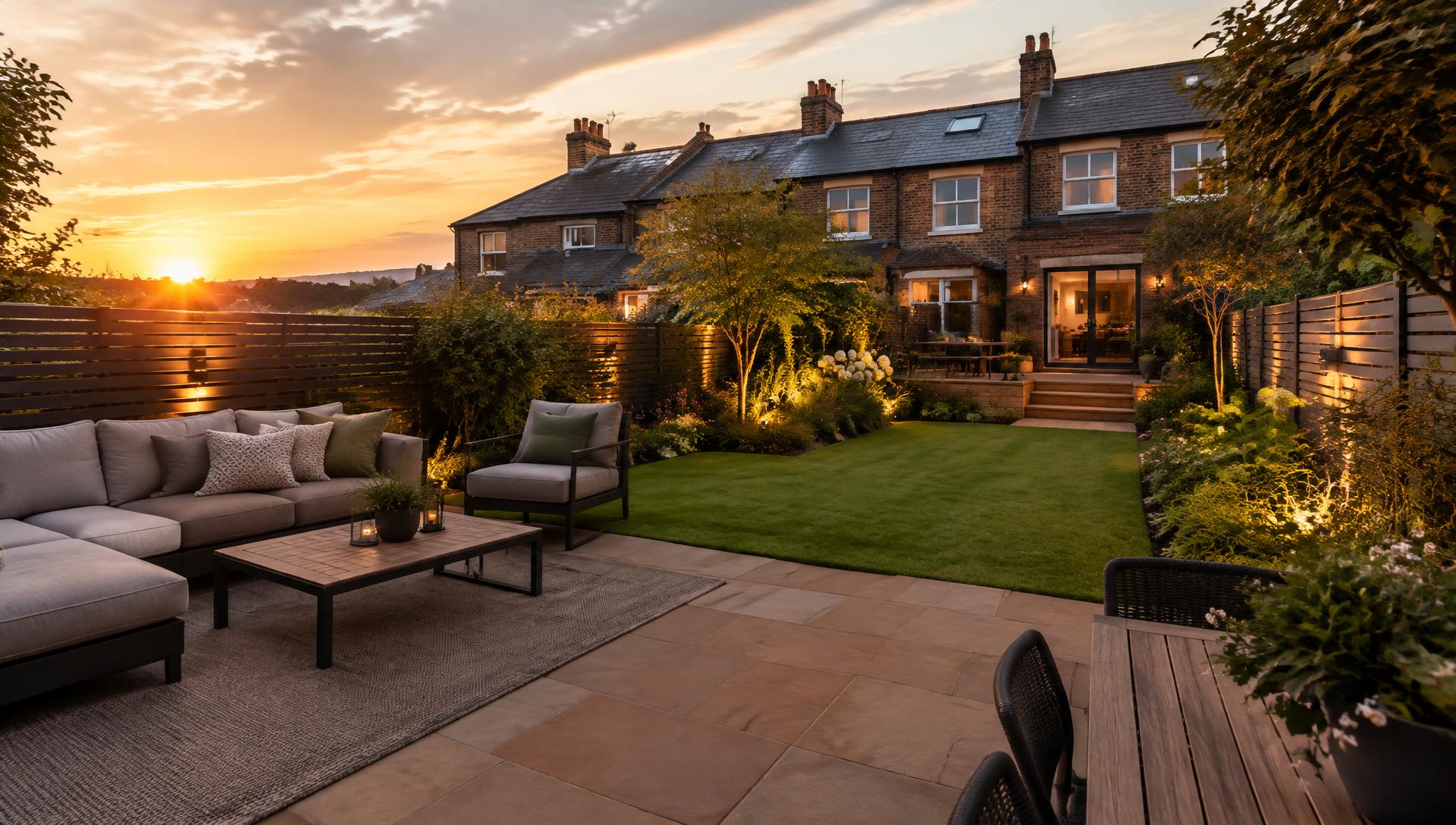 Landscaped garden with sandstone patio, lawn and lighting in Leeds